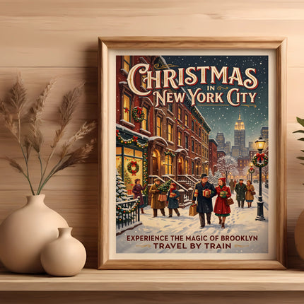 Vintage "Christmas in New York City" poster featuring people walking on a snowy street.