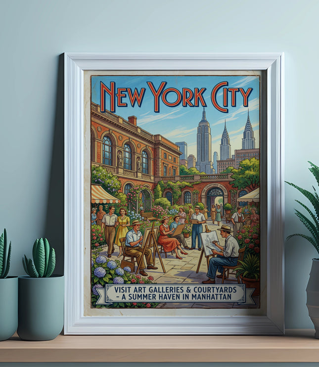 New York City vintage poster depicting galleries, courtyards, and people painting.