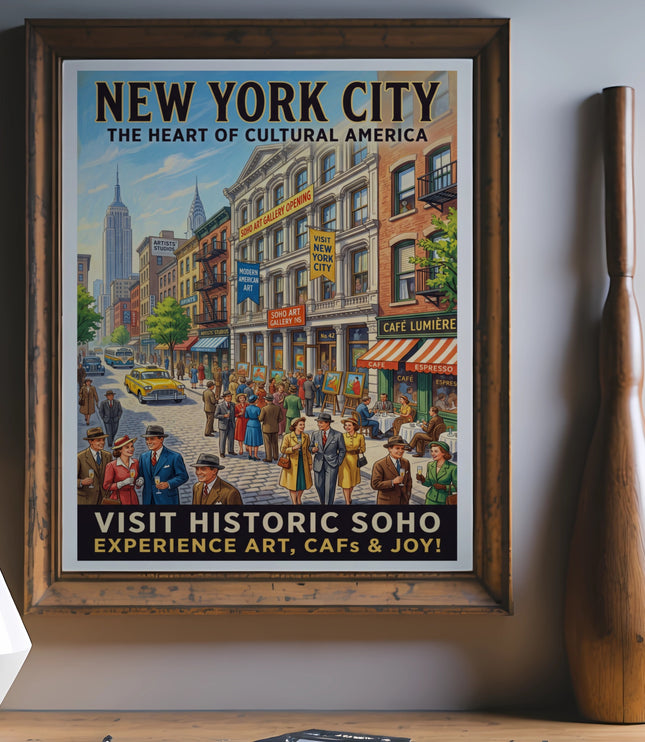 New York City poster with vintage street scene and text "Visit Historic Soho".
