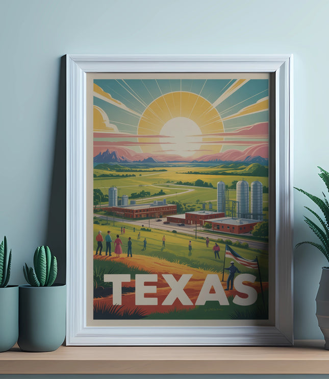 Vintage Texas landscape artwork with sun, silos, and text "TEXAS."