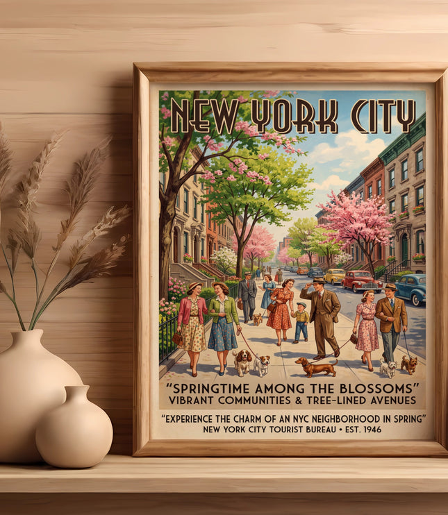 New York City springtime vintage poster with people walking dogs on a tree-lined street.