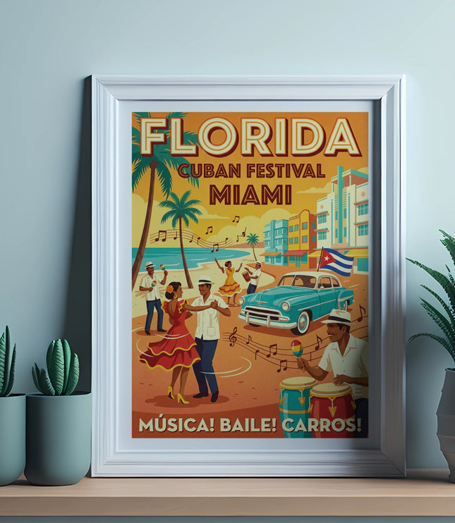 Florida Cuban Festival Miami poster with people dancing, a vintage car, and palm trees.