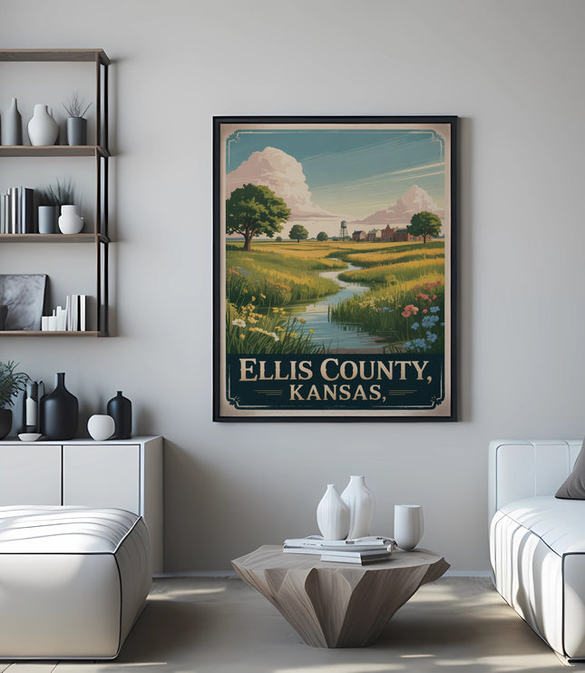 Vintage Ellis County, Kansas landscape poster with a river and trees.