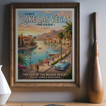 Vintage poster for Lake Las Vegas, Nevada, featuring a waterfront street scene and classic car.