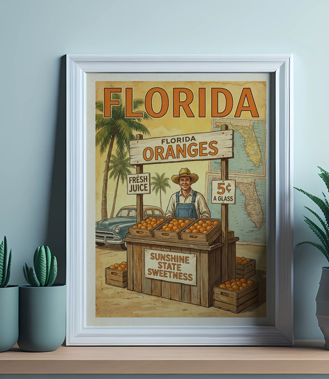 Framed vintage poster of Florida oranges for sale at a roadside stand.