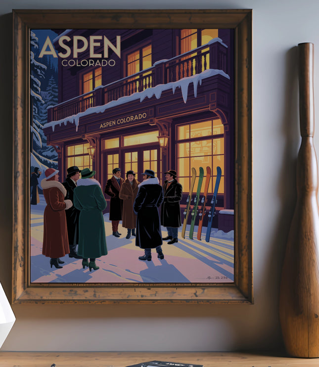 Vintage Aspen Colorado poster of people in winter coats outside a building with skis.