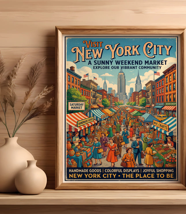 New York City weekend market poster with cityscape and people.