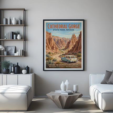 Cathedral Gorge State Park, Nevada vintage travel poster with vintage wagon.