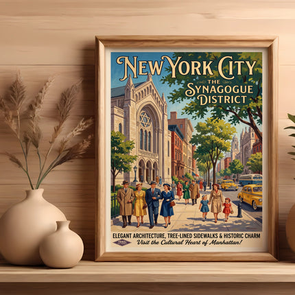 New York City Synagogue District vintage travel poster with people and buildings.