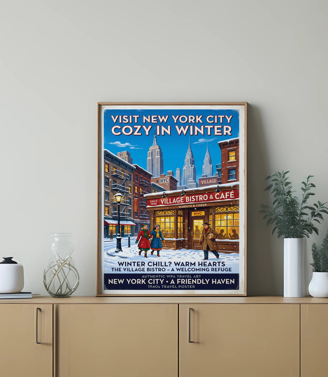 New York City winter scene poster with Empire State Building and Village Bistro cafe.