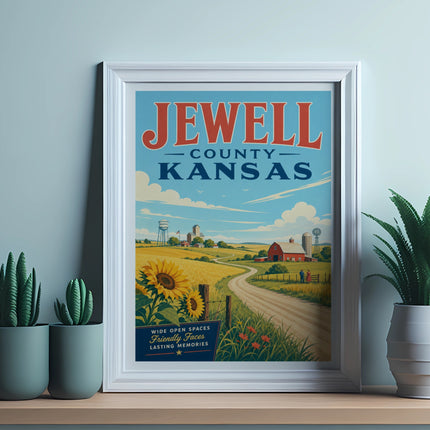 Vintage JEWELL COUNTY KANSAS travel poster with farm scene and sunflowers.