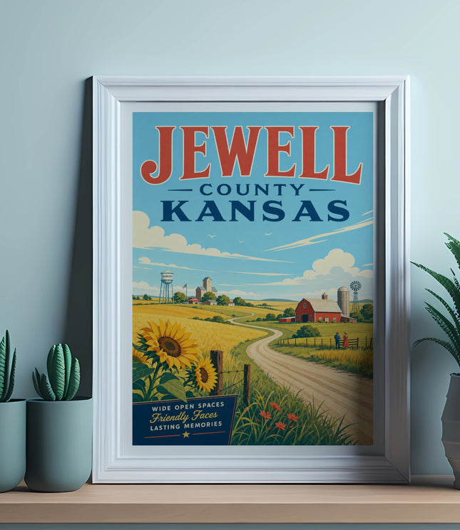 Vintage JEWELL COUNTY KANSAS travel poster with farm scene and sunflowers.