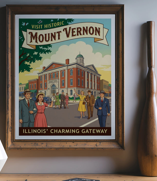 Vintage illustration of Mount Vernon, Illinois, featuring the courthouse and people.