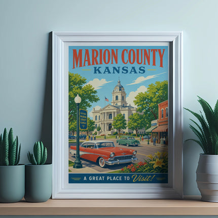 Marion County, Kansas vintage travel poster with courthouse and cars.