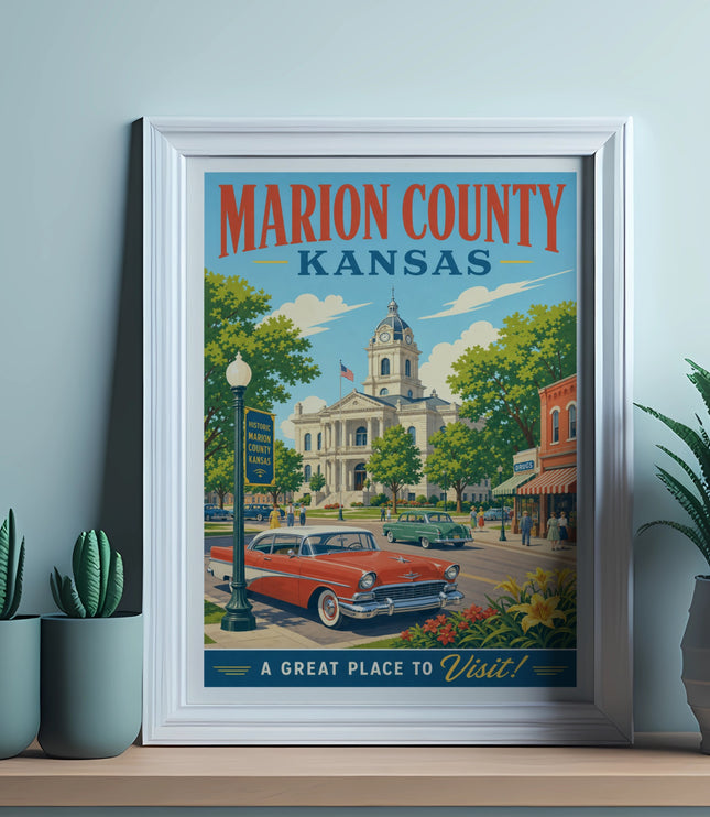 Marion County, Kansas vintage travel poster with courthouse and cars.