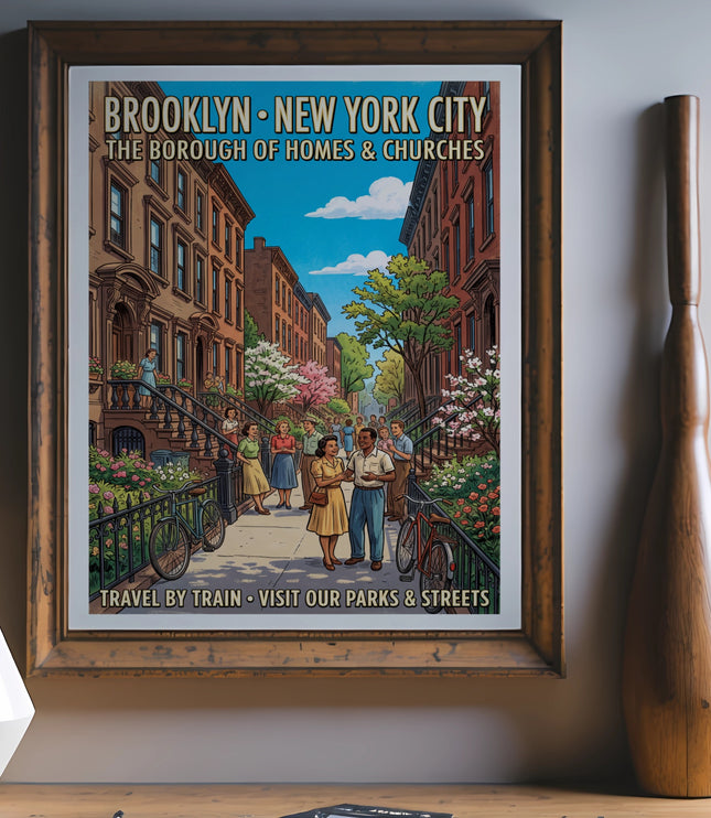 Brooklyn New York City poster showing people walking on a street with homes and churches.