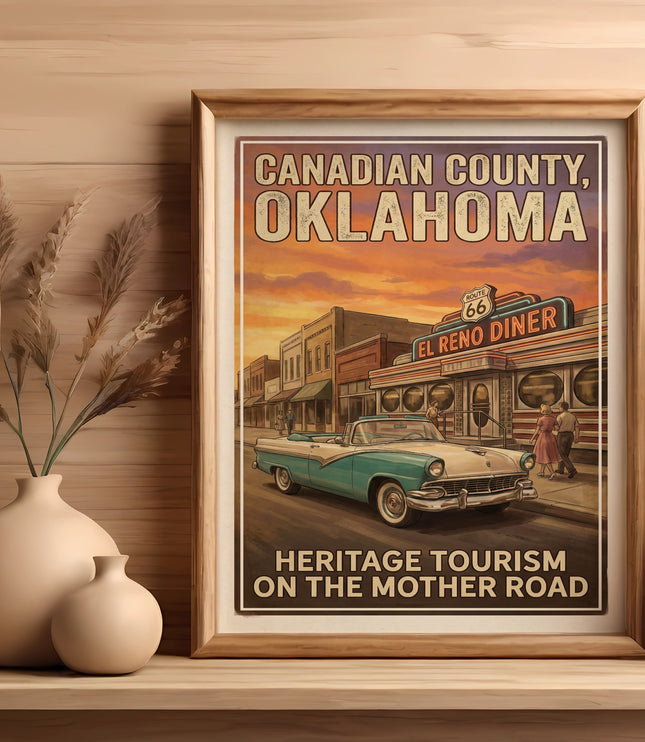 Poster of Canadian County, Oklahoma Route 66 El Reno Diner with classic car.