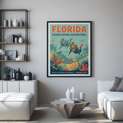 Vintage Florida scuba diving poster with divers and marine life.