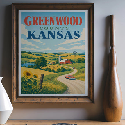 Greenwood County Kansas travel poster with farmland, windmill, and a red car.