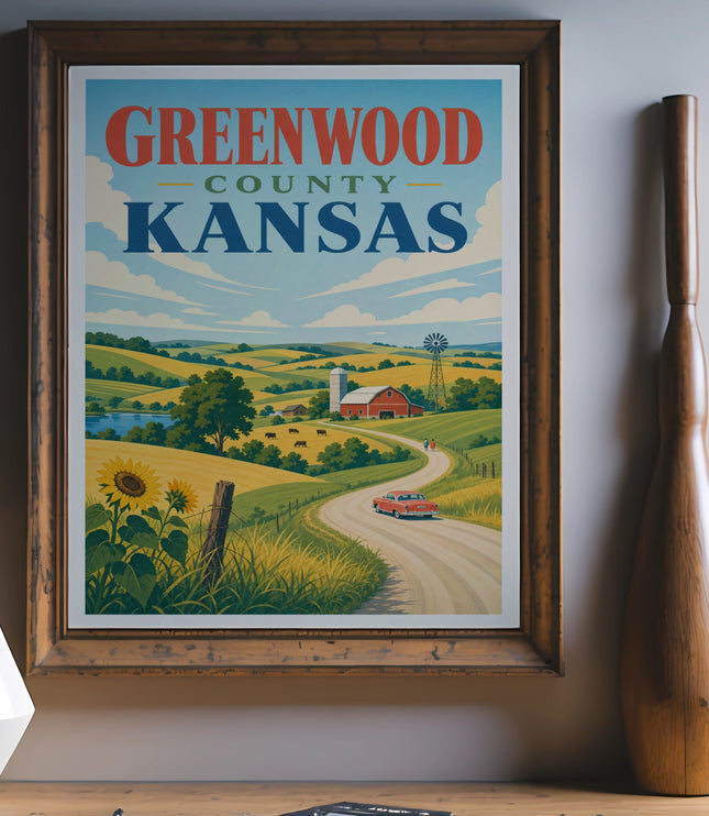 Greenwood County Kansas travel poster with farmland, windmill, and a red car.