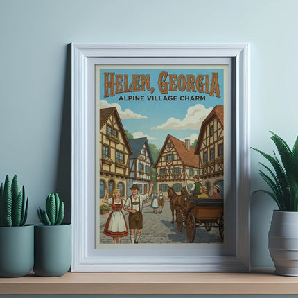 Poster of Helen, Georgia featuring Alpine village charm with people and horse-drawn carriage.