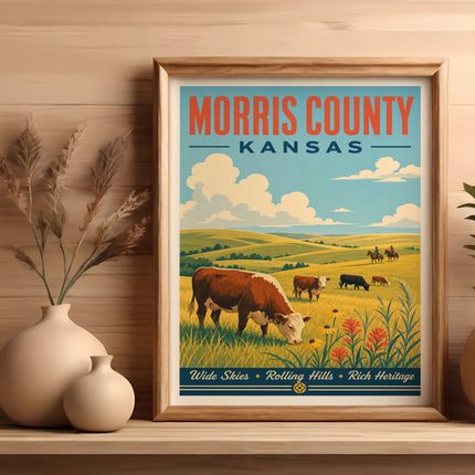 Morris County, Kansas vintage travel poster with cows in a field.