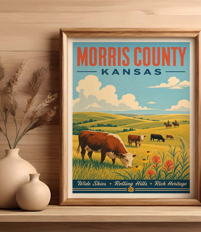 Morris County, Kansas vintage travel poster with cows in a field.