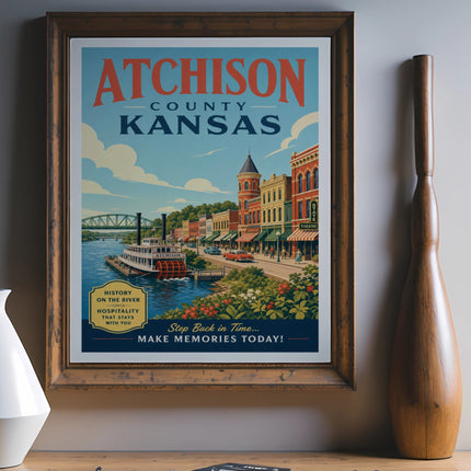 Atchison Kansas travel poster with riverboat and historic buildings.