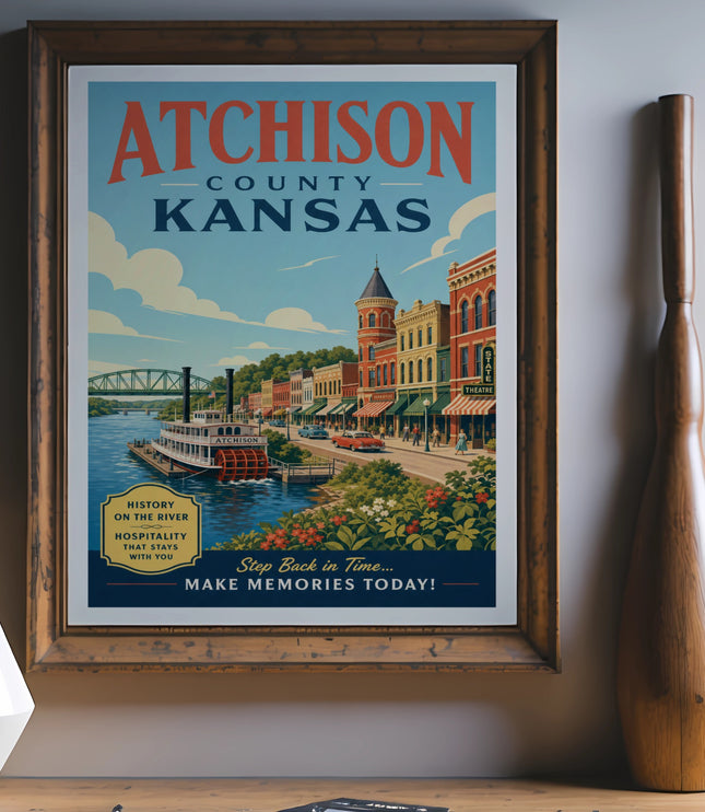 Atchison Kansas travel poster with riverboat and historic buildings.