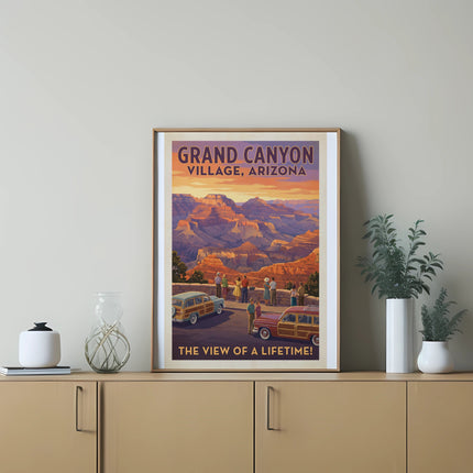 Vintage style travel poster of Grand Canyon Village, Arizona with people viewing the canyon.