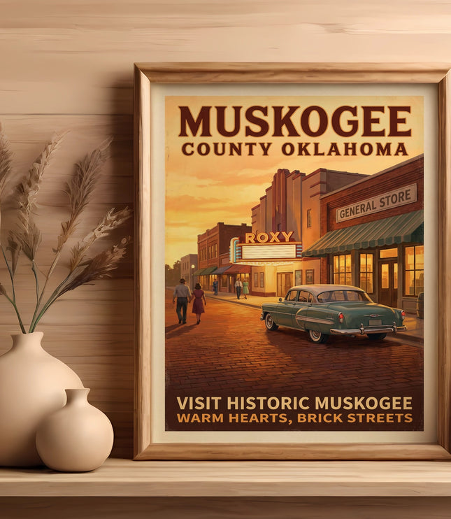 Poster of Muskogee County Oklahoma featuring the Roxy theater and a classic car.