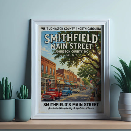 Smithfield's Main Street poster featuring vintage cars and shops, Visit Johnston County NC.