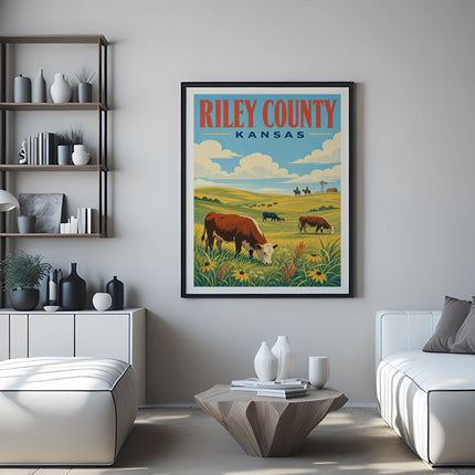 Riley County Kansas poster with cows grazing in a field.