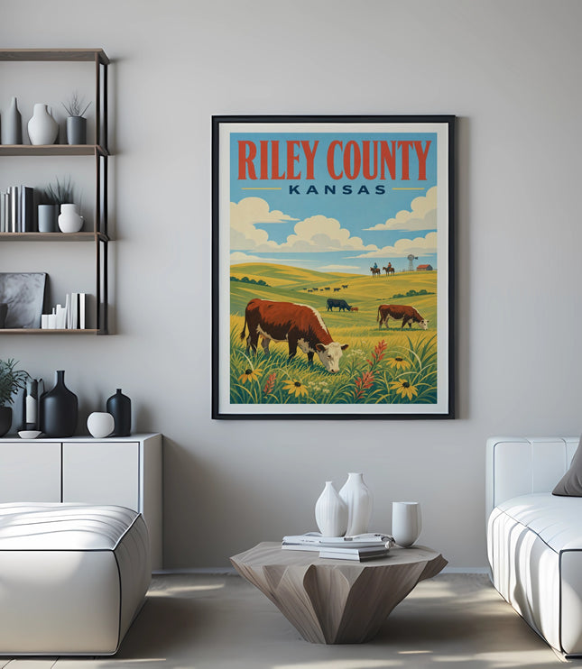 Riley County Kansas poster with cows grazing in a field.