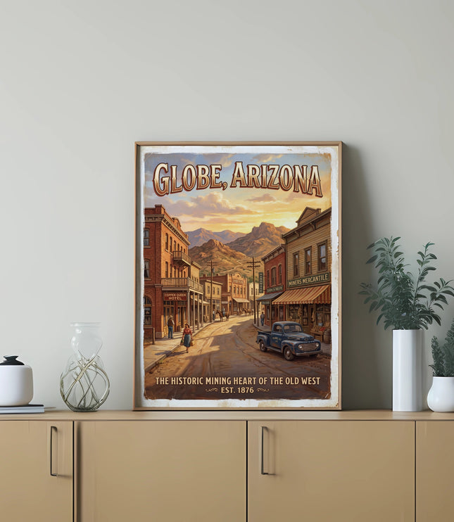 Globe, Arizona vintage poster with old town street, truck, and mountains.