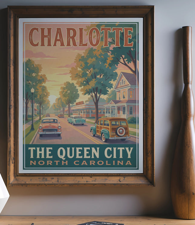 Vintage Charlotte The Queen City North Carolina poster with retro cars and diner.