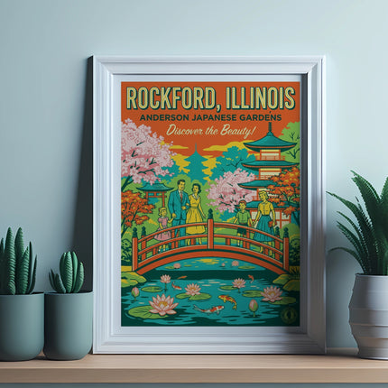 Rockford, Illinois Japanese Gardens vintage travel poster.