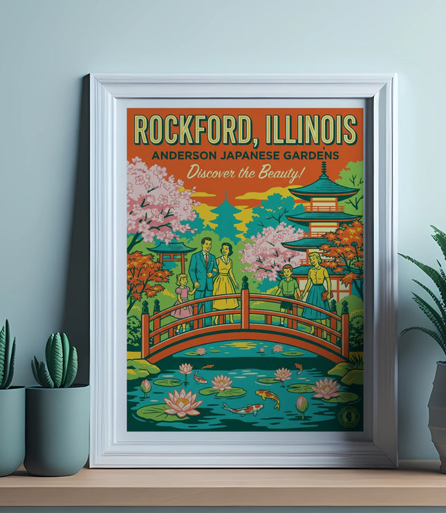 Rockford, Illinois Japanese Gardens vintage travel poster.