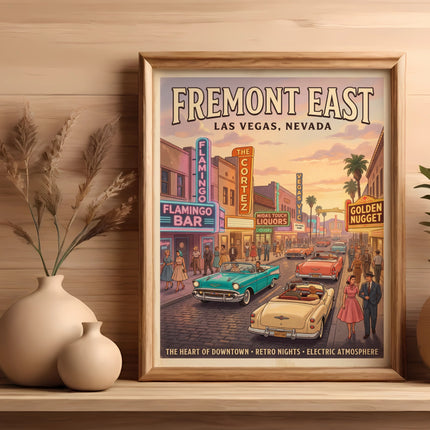 Vintage Fremont East Las Vegas poster featuring cars and neon signs.