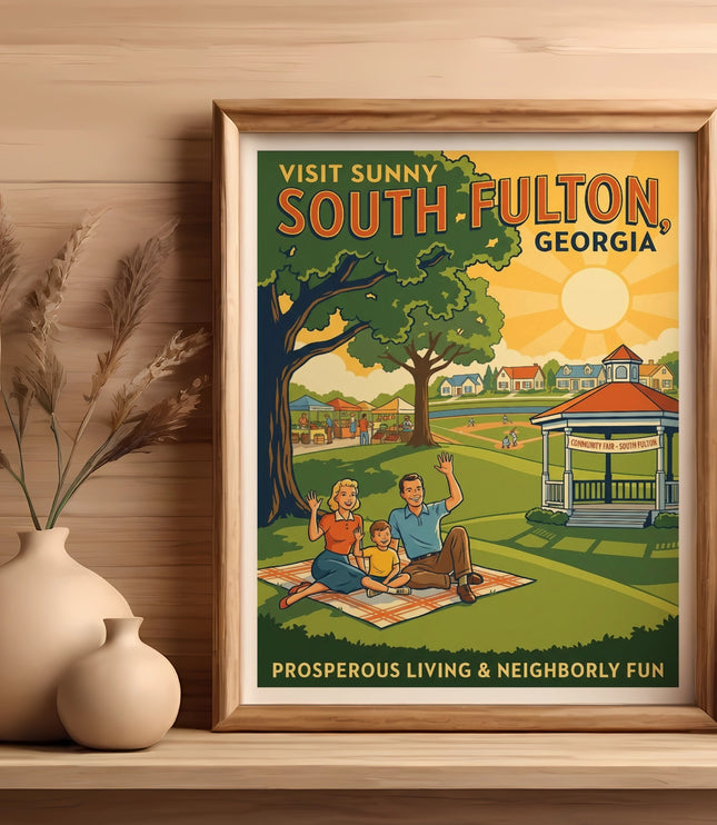 Retro poster for South Fulton Georgia featuring a family at a park with a gazebo and community fair.