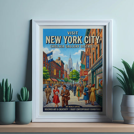 Vintage New York City Chelsea Gallery District travel poster with people.