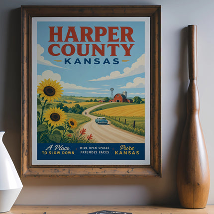 Harper County Kansas vintage travel poster with sunflowers and a barn.