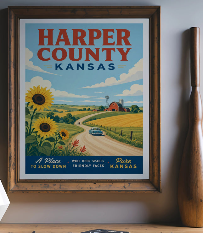 Harper County Kansas vintage travel poster with sunflowers and a barn.