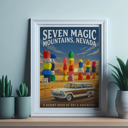 Poster for Seven Magic Mountains, Nevada, featuring colorful boulders and a vintage car.