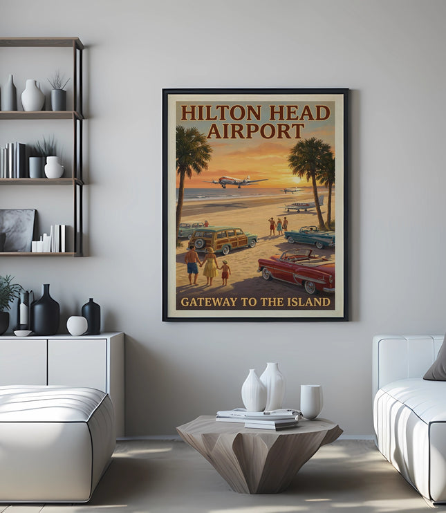 Vintage Hilton Head Airport poster with planes, cars, beach, and people.