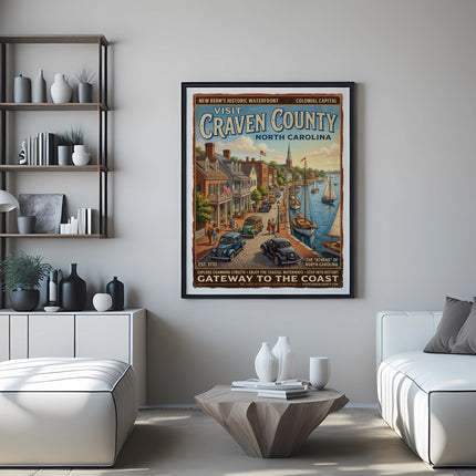Visit Craven County North Carolina vintage travel poster with historic waterfront scene.