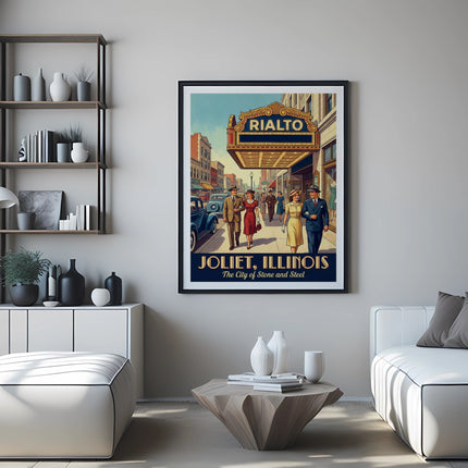 Rialto, Joliet, Illinois poster on wall above modern sofa and coffee table.