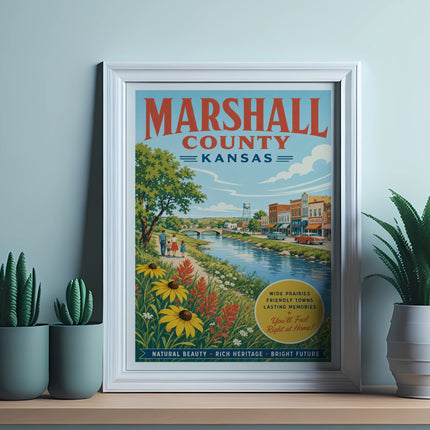 Marshall County, Kansas vintage travel poster with riverfront scene and text.