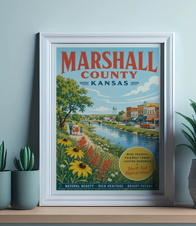 Marshall County, Kansas vintage travel poster with riverfront scene and text.
