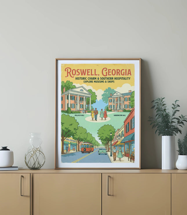 Roswell, Georgia travel poster depicting historic buildings, trolley and shops.